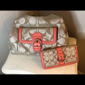 COACH Signature Peach/Tan Canvas Bag w/wallet